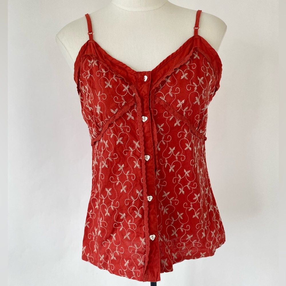 Kensie Boho Embroided Hippie Button up Spaghetti Strap Cami Top